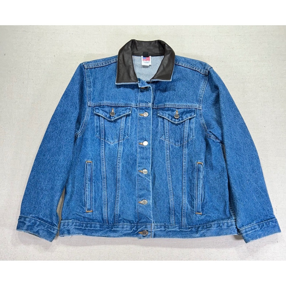 VTG Womens  Denim Large Trucker Jacket Leather Teddy Bear Embossed Back USA Made